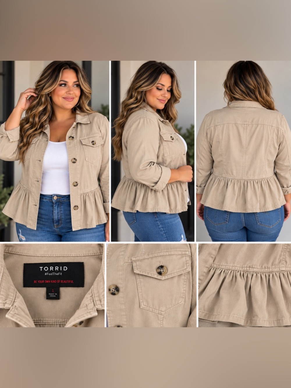 Torrid 1X Beige Ruffle Peplum Utility Jacket